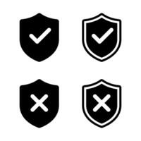 Shield with check mark and cross icon in trendy style. Safe and unsafe sign symbol vector