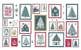 Advent calendar with house and tree on white, hand drawn illustrations. vector