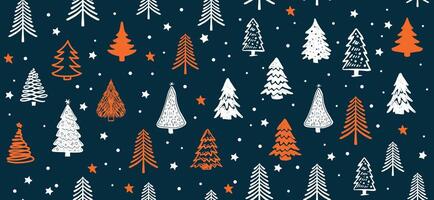 Christmas tree pattern on blue background, Hand drawn illustrations. vector
