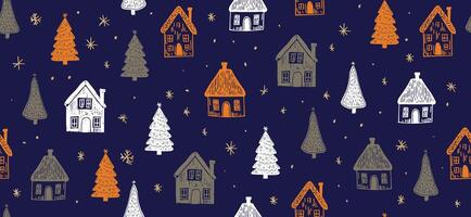 Christmas houses with tree pattern on blue vector