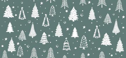Christmas tree white on green pattern, Hand drawn illustrations. vector