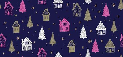 Christmas houses with tree pattern on blue vector