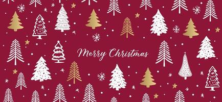 Christmas tree pattern on red background, Hand drawn illustrations. vector