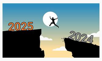 A silhouette leaps between cliffs labeled 2024 and 2025 against a sunrise, symbolizing progress or transition into the future. New year 2025 vector