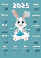 Calendar for 2025 year. Cute little hare rabbit in cartoon style. Week starts on Sunday. Illustration in vertical format A4, A5. vector
