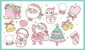 Set of Pastel Coquette Christmas Santa and Snowman, Pink and Mint Green Doodle Hand Drawn vector