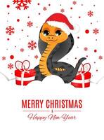 New year greeting card with symbol of the 2025 year. Cute snake with gifts on white background. Design for print, poster, social media communication. vector