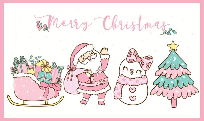 Cute Pink Coquette Christmas Santa with Festive Pine Tree, Snowman Cartoon hand drawn, idea for Greeting Card or Banner.