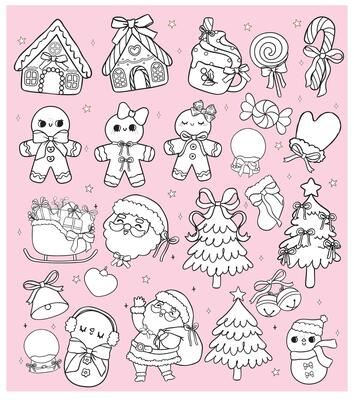 Coloring image Set of Coquette Christmas Gingerbread house, Gingerbread man and candy, Black and White Doodle Hand Drawn