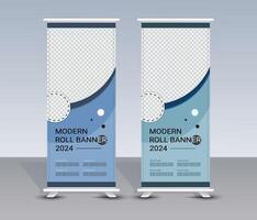 Modern abstract blue wavy roll up banner template design vector