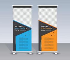 Modern geometric yellow and blue roll up banner template set vector