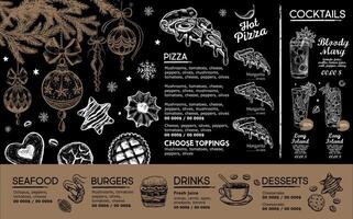 Christmas and New Year menu cafe. Template design. Hand drawn illustrations. . vector
