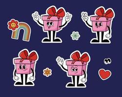 Groovy Funny Gift Box Character Sticker Set with Different Emotions. Character Box with Bow in Cartoon Style. Valentine's Day, Birthday, Christmas Concepts. Fashion Retro Styles 60's 70's Emoji vector