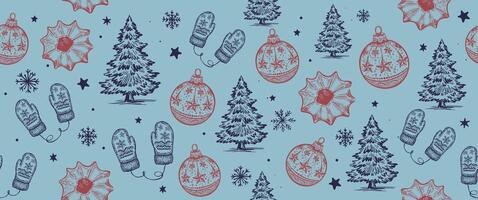 Christmas pattern with tree, ball, on blue, hand drawn illustrations vector