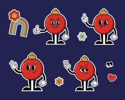 Groovy Funny Christmas tree toy ball character sticker set with different emotions in cartoon style. Christmas concepts Fashion retro styles 60s 70s emoji vector