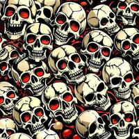 Grim Pile of Human Skulls with red eye sockets Set Against a Dark Backdrop vector