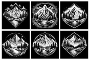 Stylish Badge Templates Featuring Mountains and River on Black Background vector