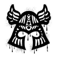 Drawing winged viking helmet graffiti with black spray paint vector