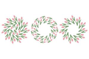 Blossom Tulips 2 Circle Frames and Round Background in trendy pale pink. Copy space Templates Set 3. Isolated illustration Cards, posting, leaflets, banner, lettering, label or web promo, blog vector