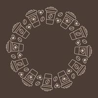 Disposable cups with lid, coffee beans and decorative hearts Circle Frame border on brown background. Copy space Template. Isolated illustration Thematic card, posts, blog, leaflet or web promo vector