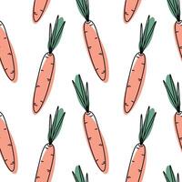 Outline Carrot with leaves and spots in green and orange Seamless Pattern Vegetables background idea. Isolated illustration Wallpaper, wrapping, or web promo banner, leaflets, price tag, labels vector