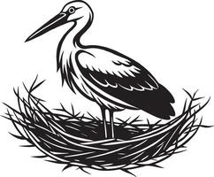 a black and white illustration of a stork sitting in a nest vector