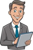 cartoon businessman holding tablet computer vector