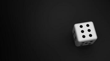 Single dice rolling on a black surface and stopping at number 6 with six black dots, ideal for casino or gambling themes. video