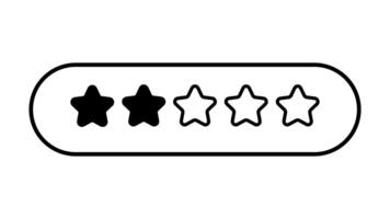 Two out of five stars rating. Black and white glyph style. Product rating or customer review with stars flat icons for apps and websites. video