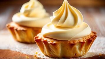 Vanilla lemon cupcakes rosettes baking with white cream just baked. Confectionery and bakery background video