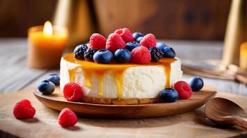 Cottage cheese cake served with fresh raspberries and blueberry on wooden plate with candles on table. Confectionery and bakery background video