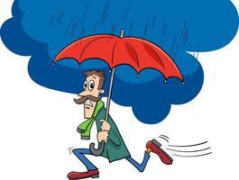 cartoon man with an umbrella fleeing the rain vector