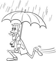 cartoon man with an umbrella fleeing the rain coloring page vector