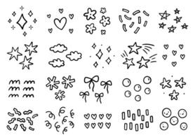 Cute decorative design elements. Abstract squiggles of different shapes - stars, hearts, flowers, confetti, bows, bubbles, waves. hand-drawn doodle illustration isolated on a white background. vector