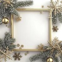 3D Christmas background with gold frame and snowflakes. photo