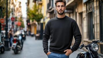 Man in black blank sweatshirt standing on city street. photo
