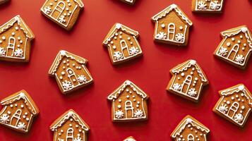 Christmas gingerbread cookies in the form of house on a red background. photo