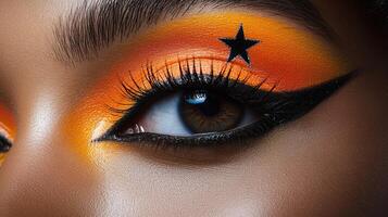 Close-up of woman's eye with a graphic orange make-up with star. photo