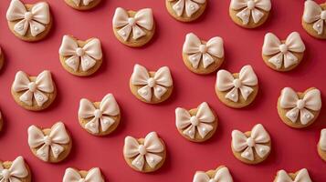 Christmas gingerbread cookies in the form of a bows on a red background. photo