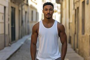 Man in white tanktop standing on a city street. Mock-up. photo