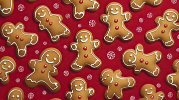 Christmas gingerbread man cookies on red background. photo