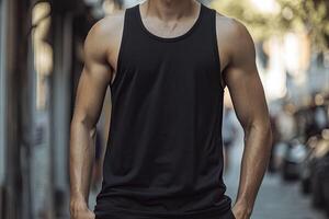 Man in black tanktop standing on a city street. Mock-up. photo
