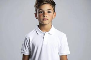 Cute boy in white polo shirt on gray background. photo