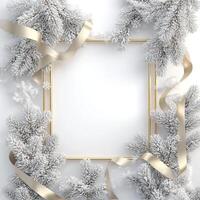 Christmas background with golden frame, snow and fir branches. photo