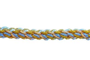 Close-up view of a complexly woven rope with gold, blue, and white strands, highlighting detailed craftsmanship. photo