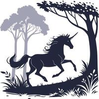 An illustration of a unicorn running through the forest vector