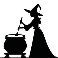 A silhouette of a witch with a pot of boiling water vector