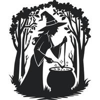 A witch is cooking in a cauldron in the woods vector