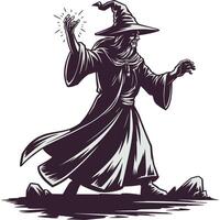 A wizard in a hat and robe with a wand in his hand vector
