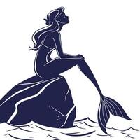 Mermaid sitting on rock with waves and waves illustration vector